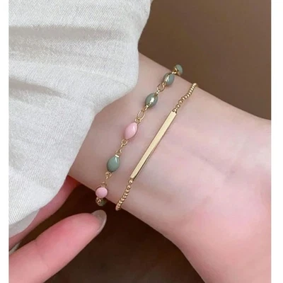 Double Layer Oval Enamal Bead Gold Chain Bracelet Adjustable 2-Tone Pastel Pink  - Image 1 of 4