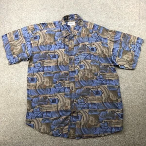 Vintage Duke Shirt Mens Large Blue Brown Abstract Print Silk Short Sleeve 70s - Picture 1 of 12
