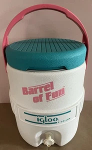 Vintage 90s Igloo Barrel Of Fun 2 Gallon Drink Cooler In Retro Teal White & Pink - Picture 1 of 17