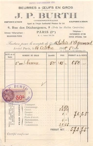 Rechnung 1935 BUTTER UND EIER GROSSHANDEL J P BURTH IN PARIS - MILCHFABRIK D AGRAMON - Bild 1 von 1