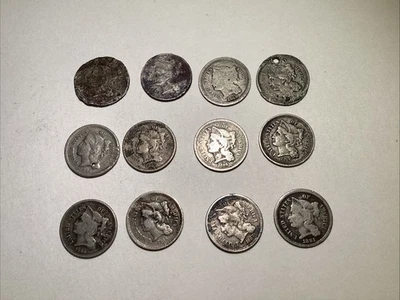 (12) U.S. Nickel 3 Cent Pieces 1865-1881 All Damaged In One Way Or Another Nice! - Image 1 of 4