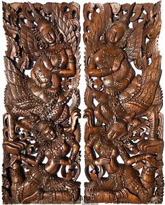 Traditional Thai Figure with instrument. Large Carved Wood Panels. Dark Brown - Picture 1 of 4