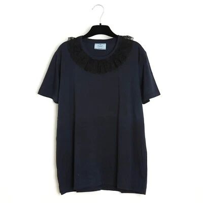 Prada 2017 Top encaje FR40 azul marino jersey cuello de encaje camiseta top U... - Imagen 1 de 4