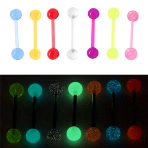 7pc GLOW IN THE DARK Acrylic Candy Color Barbell Bar Tongue Ring Nipple Piercing - Picture 1 of 5
