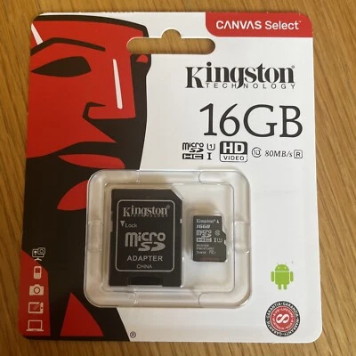 Original Kingston Canvas Select 16GB Micro SD UHS-I Flash Card with Adapter - Image 1 of 4
