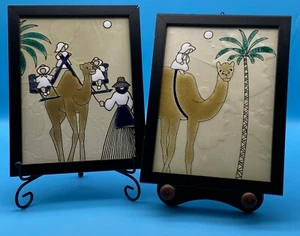 Vintage decorative wall tile set of two camel design framed - Picture 1 of 12