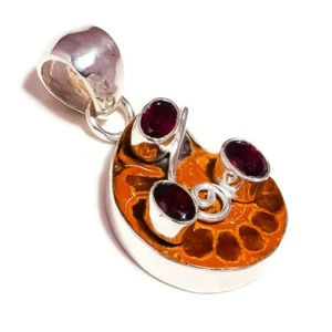 Natural Sea Shell Ammonite, Blood Red Garnet Oval Gemstone Handmade Pendant - Picture 1 of 3