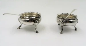 Pair Antique Sterling Master Salt Cellars Tripod Footed Hooves Hallmarks+ Spoons - Picture 1 of 8