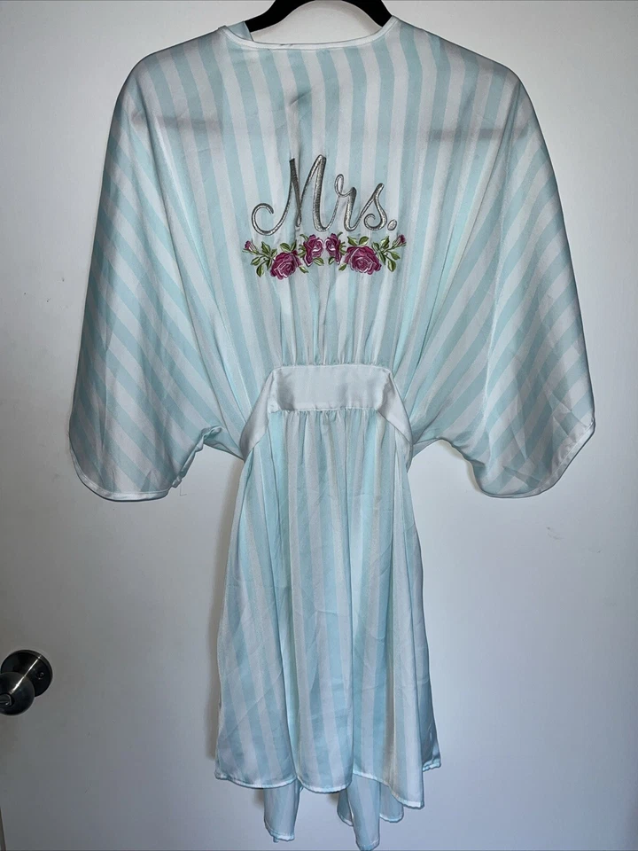 Betsey Johnson MRS. BRIDAL Kimono Manga Bata Rayas Bordada Satén Bata L Foto 1 de 4