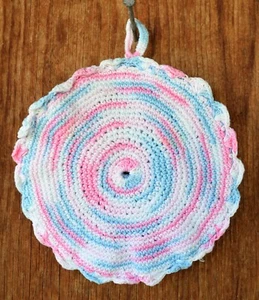 Hand Crocheted Cotton 2-Sided Potholder Scalloped Edge Variegated Pink Blue - Picture 1 of 6