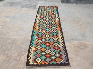 Handmade Afghan Kilim Wool Reversible 296 x 87 cm Large Hallway Runner Rug - Picture 1 of 21