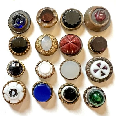 Lot Small Antique Victorian Glass in Metal Waistcoat Buttons 3/8 - 9/16” - Image 1 of 4