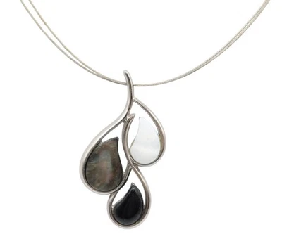 LIA SOPHIA Mother Of Pearl Onyx Abalone Leaf Pendant Silver Tone Wire Necklace - Image 1 of 4