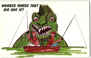 "Wonder Where That Big One Is?" FISHING COMIC Weird Monster 1950s Vtg Postcard - Picture 1 of 2