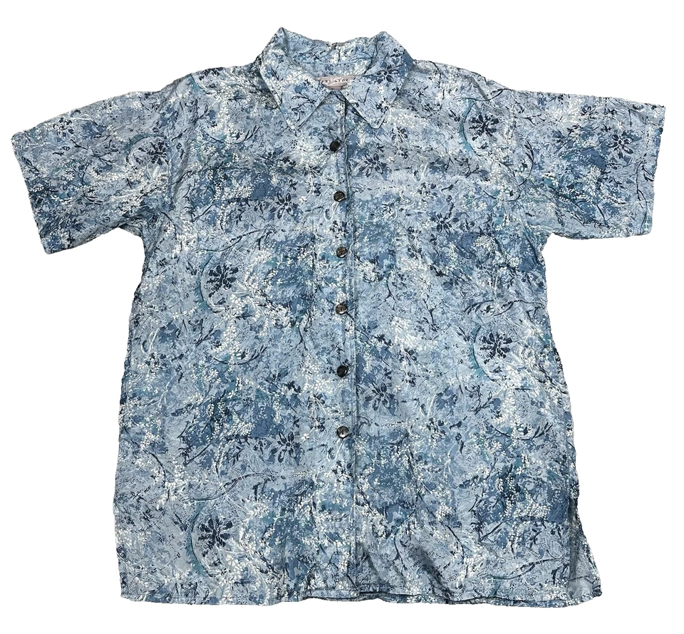 Camisa Robert Stock Para Hombre Pequeña Azul Seda Ligera Floral Tropical Hawaiana Foto 1 de 4