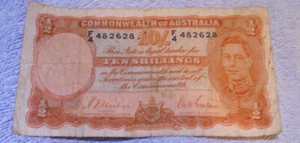 #D177. AUSTRALIAN 1939 WWII TYPE SHEEHAN /McFARLANE TEN SHILLING F4 482628 - Picture 1 of 2