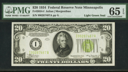 $20 Series 1934 Federal Reserve Note Light green seal Minneapolis district 65Ppq