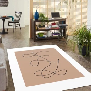 Cream Brown Minimalist Abstract Black Line Pattern Rug Unique Art Deco Floor Mat - Picture 1 of 7
