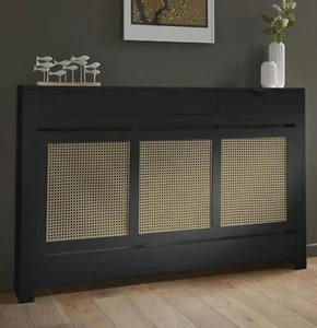 Black Radiator Cover Wall Cabinet Traditional Modern MDF Wood Rattan Shelf Large - Picture 1 of 11