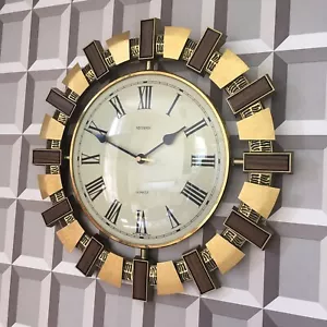 More details for vintage 1970s metamec english midcentury wall clock office sunburst aztec gold