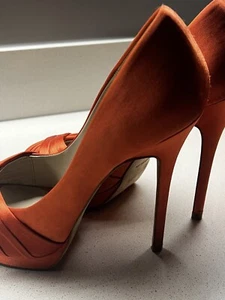 Karen Millen Coral Orange Suede Peep Toe High Stiletto Court Shoes Size 38 - Picture 1 of 6