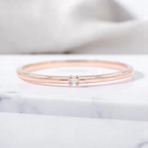 14k Solid Gold 1 Diamond Dainty Ring Minimalist Single Diamond Diamond Band - Picture 1 of 3