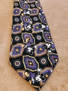 PRISTINE Disney Mens Mickey Mouse Neck Tie 57”~ 100% Silk Black Purple - Picture 1 of 3