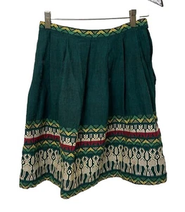 VTG 60s/70s Mexican Folk Pleated Reindeer Embroidered Skirt Green Sz 2 / 26” - Picture 1 of 12