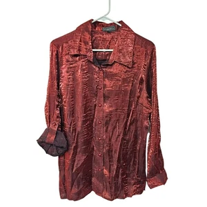 Elementz Woman Blouse Red L Shiny Metallic Rhinestone Button Roll Tab Sleeve - Picture 1 of 9