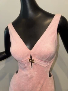 Vtg MOD 60s 70s Swimsuit Pink Terry Cloth One Piece Cut Outs AMAZING! - Picture 1 of 8