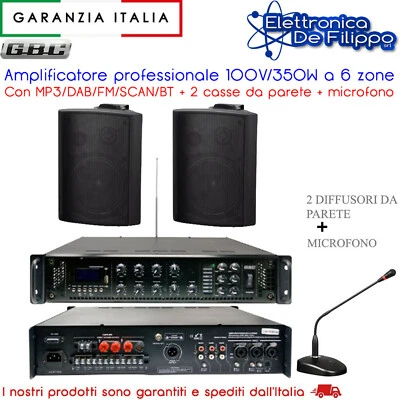 Amplificatore 100V/350W 6 zone Con MP3/DAB/FM/SCAN/BT con 2 casse con microfono - Immagine 1 di 4