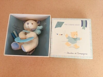 NIB Doudou Et Compagnie  Bear Baby Teething Ring Teether Beige & Blue NEW in box - Image 1 of 4