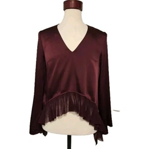 Elizabeth And James Burgundy Plum Silky Hi-Lo Blouse W/Ruffle Sz M - Picture 1 of 7
