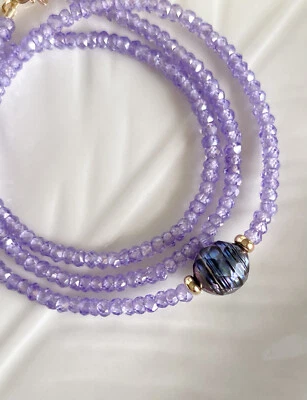 Amethyst Cubic Zirconia & Faceted Black Pearl 14k Yellow Gold Necklace New 15.5" - Image 1 of 4