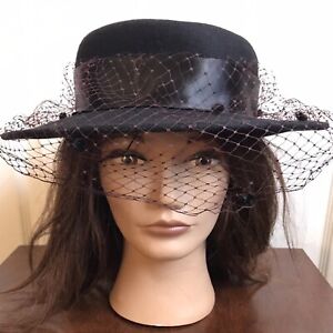 Wool Woman’s Black Hat With Veil And Strap. Splendide Georgi USA. Kentucky Derby
