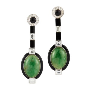 Featuring Green Jade Oval Drops Accented With Black Enamel & White CZ Earrings - Picture 1 of 4