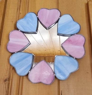 Stained Glass Pink & Blue Hearts Hanging Round Mirror - Image 1 of 4