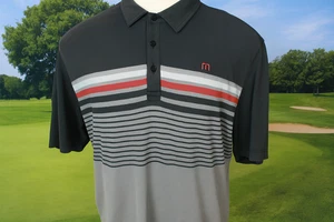 TRAVIS MATTHEW Men’s Golf Shirt Black And Gray Stripe With Red Cotton Blend XL - Picture 1 of 11