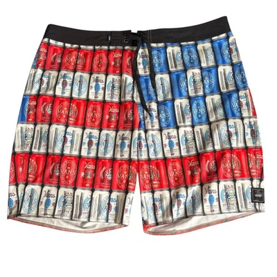 Pantalones Cortos Vans Bandera Americana Lata de Cerveza 38 Rojo Blanco Azul Bolsillo Trasero Gancho Lazo Foto 1 de 4
