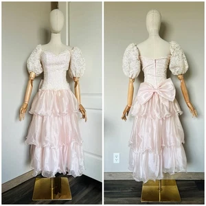VTG 80s Prom Pink PUFFY SLEEVE Ruffle Bow Party Evening Prom Gown Dress Midi 4 - Picture 1 of 21