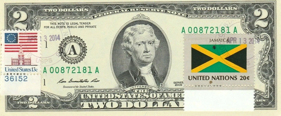 $2 DOLLARS 2009  STAMP CANCEL FLAG OF UN FROM  JAMAICA   VALUE $125 - Image 1 of 2