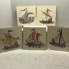 5 Lot Vintage 6" Designed Tiles Portugal Fishing/Viking ships