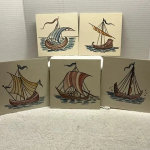 5 Lot Vintage 6" Designed Tiles Portugal Fishing/Viking ships - Picture 1 of 11