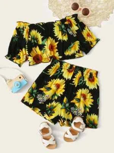 SHEIN Kids Girls Off Shoulder Frill Trim Sunflower Print Top & Shorts Set 11-12Y - Picture 1 of 4