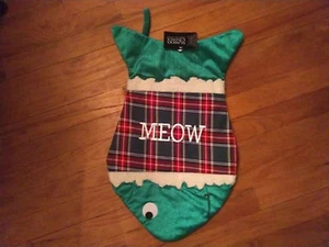 Large 19" Embroidered Plaid & Velvet MEOW Cat Fish Christmas Stocking - Imagen 1 de 5