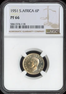 Sudáfrica 1951 seis peniques de plata 6P prueba calidad NGC PF66 - Imagen 1 de 2