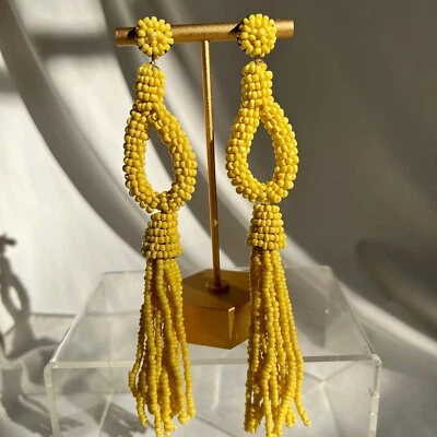 Yellow Seed Bead Long Statement Tassel Fringe Dangle Costume Fashion Earrings - Image 1 of 4