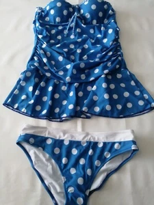 Unbranded Ladies Skirted Tankini Bikini And Brief Set Blue Polka Dot XL - Picture 1 of 8