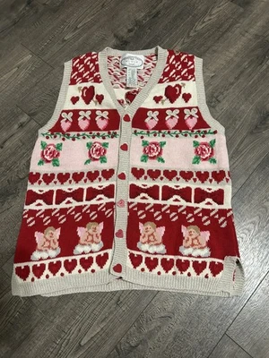 Vintage eagle's eye pink heart valentine sweater vest womens L rare bows cherub - Image 1 of 3
