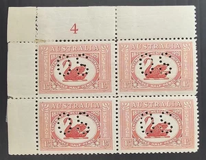 1929 Australia Plt Blk 40/4x1 1/2d Crm red W.A. Swan stamps OS perf Mint $115+++ - Picture 1 of 2